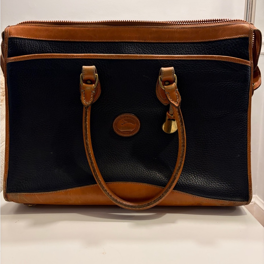 Classic Two-Tone Leather Briefcase Bag - navy and tan